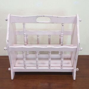 Vintage Shabby Chic Pale Pink French Country Wooden Rustic Magazine & Book Rack